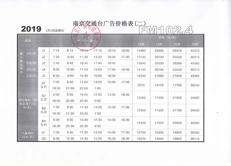 2019年南京交通广播FM102.4广告刊例